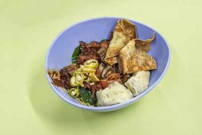 High angle view of food in plate on table