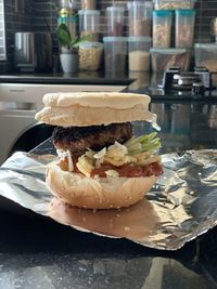 Close-up of burger on table in restaurant