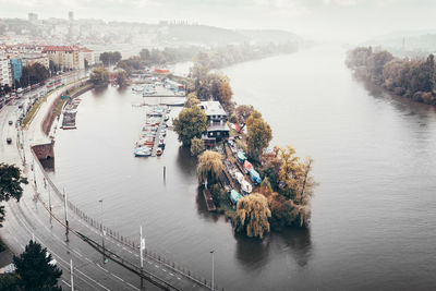 High angle view of boats in harbor