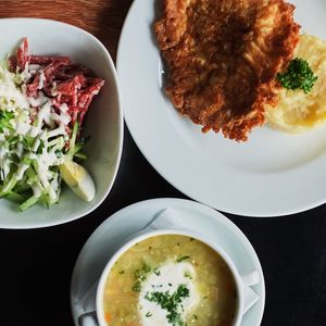 High angle view of breakfast served on table