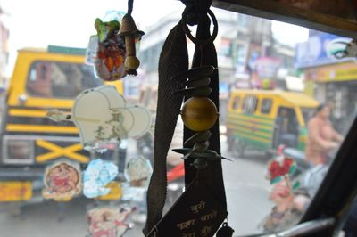 Lemon and chili talisman hanging in auto rickshaw