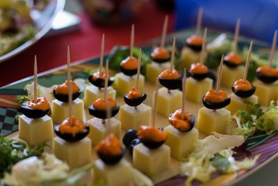 Close-up of dessert served on table