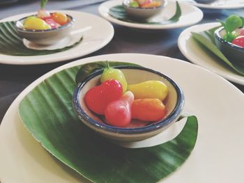 High angle view of salad in plate on table