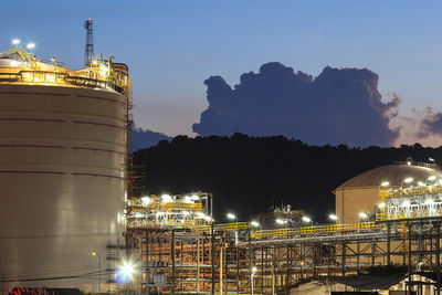 Illuminated factory against sky at night