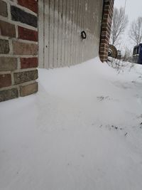 Snow covered field by building