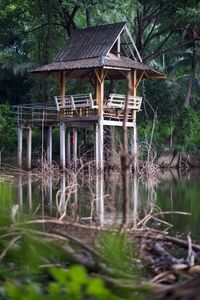 Gazebo by lake against trees