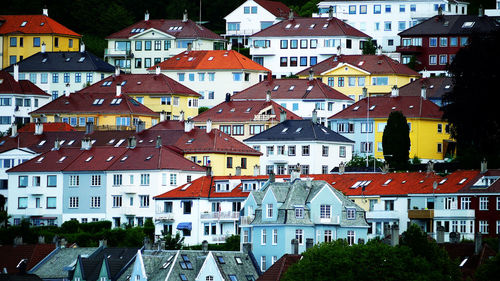 High angle view of buildings in city