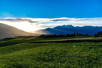 Scenic view of field and mountains against sky