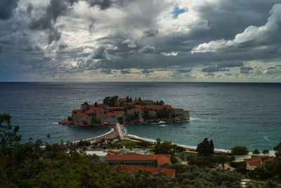 High angle view of buildings on sea