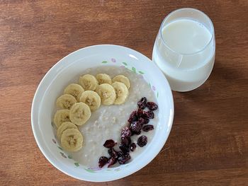 High angle view of breakfast served on table