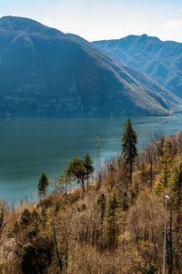 Scenic view of sea and mountains against sky