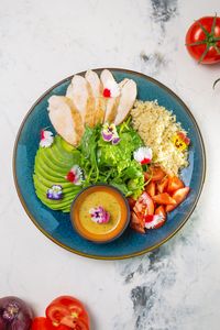 High angle view of food in plate on table