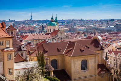 Prague city seen from the petrin gardens at the begining of spring