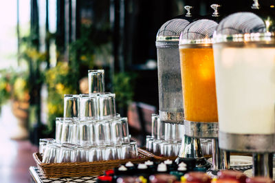 Close-up of glass jar on table at restaurant