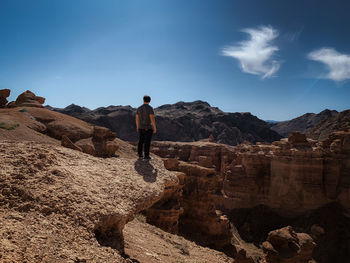 Rear view of man on rock in mountains against sky