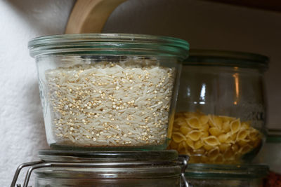 Close-up of food in glass jar on table