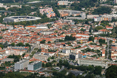 High angle view of buildings in city