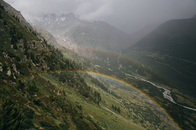 Scenic view of mountains with rainbow against sky