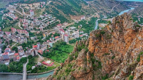 High angle view of mountains in city