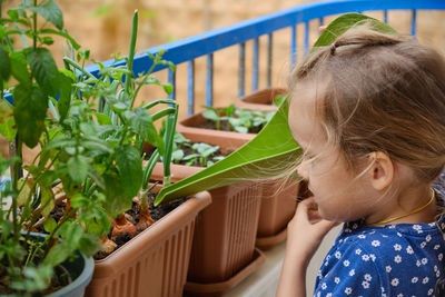 Little girl waters homegrown greenery with a watering can at balcony. child helps parents