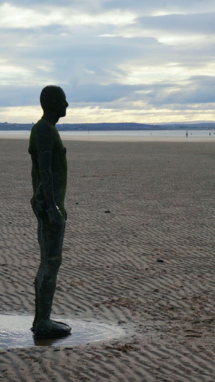 SILHOUETTE OF MAN STANDING AT BEACH AGAINST SKY