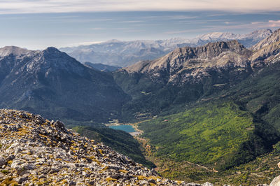 High angle view of valley and mountains against sky