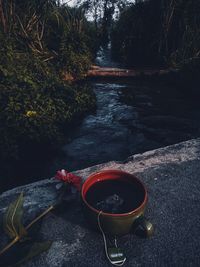 High angle view of coffee on rock