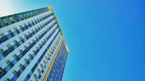 Low angle view of modern buildings against clear blue sky