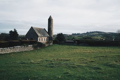 Wide angle view of old church on landscape