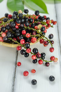 High angle view of berries in bowl on table
