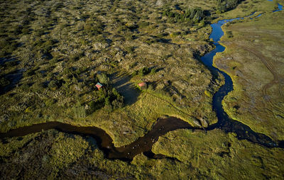 Peaceful scenery of narrow winding stream crossing plain