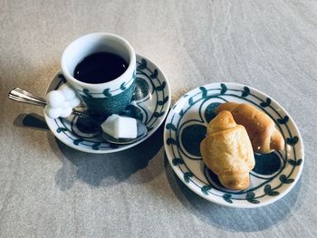 High angle view of breakfast and coffee on table