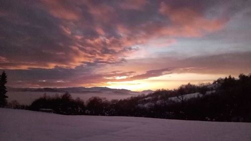 Scenic view of snow covered landscape during sunset