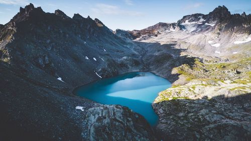 Scenic view of lake and mountains against sky