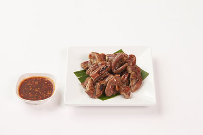 High angle view of food in plate on table