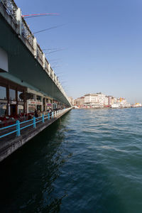 View of city by sea against clear sky