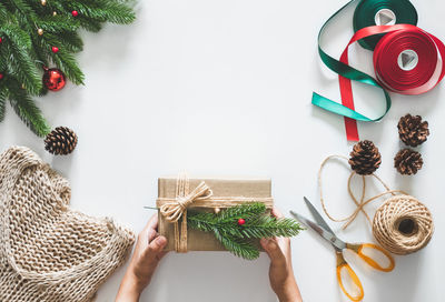 High angle view of christmas decoration on table