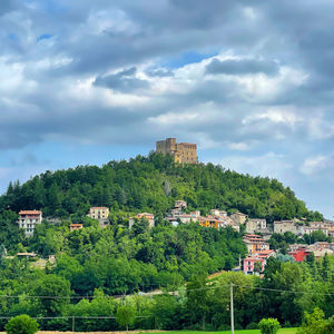 Houses by trees against sky in city