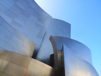 Low angle view of modern building against clear blue sky