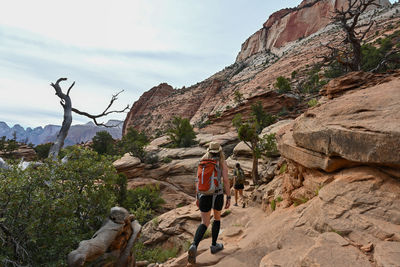 Rear view of man walking on mountain