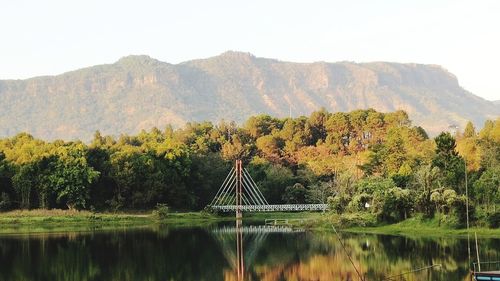 Scenic view of lake by trees against sky