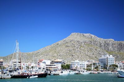 Sailboats moored at harbor against clear blue sky