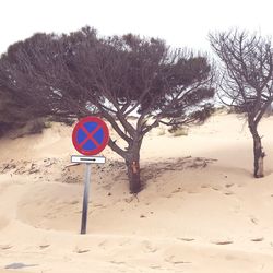 Road sign on snow covered land