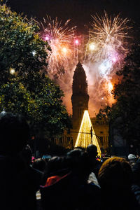 People looking at firework display at night