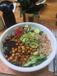 High angle view of meal served on table