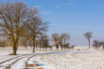 Trees on snow covered field against sky