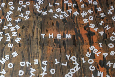 Full frame shot of text on wooden floor