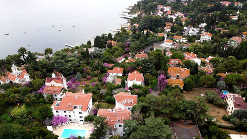 High angle view of townscape by sea on the big island buyukada of istanbul in turkey