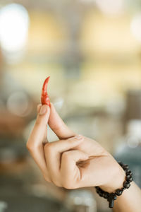 Cropped hand holding red chili pepper