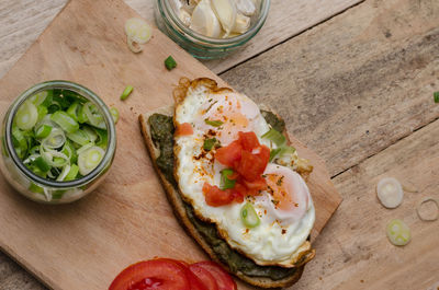 High angle view of breakfast served on table